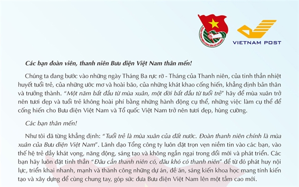 Tổng giám đốc gửi thư chúc mừng tuổi trẻ Bưu điện Việt Nam nhân dịp Tháng Thanh niên