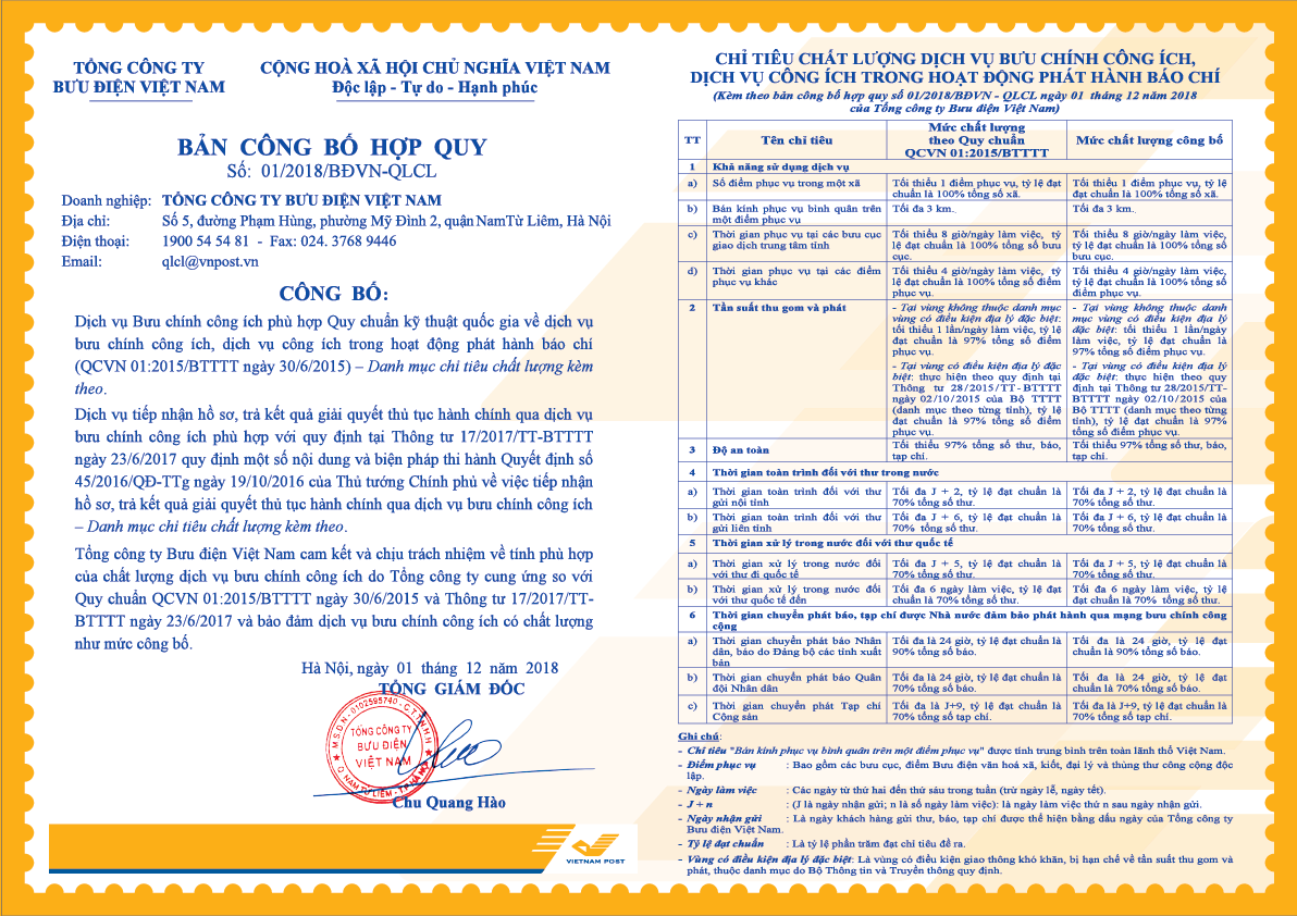 Bản công bố hợp quy chất lượng dịch vụ Bưu chính công ích